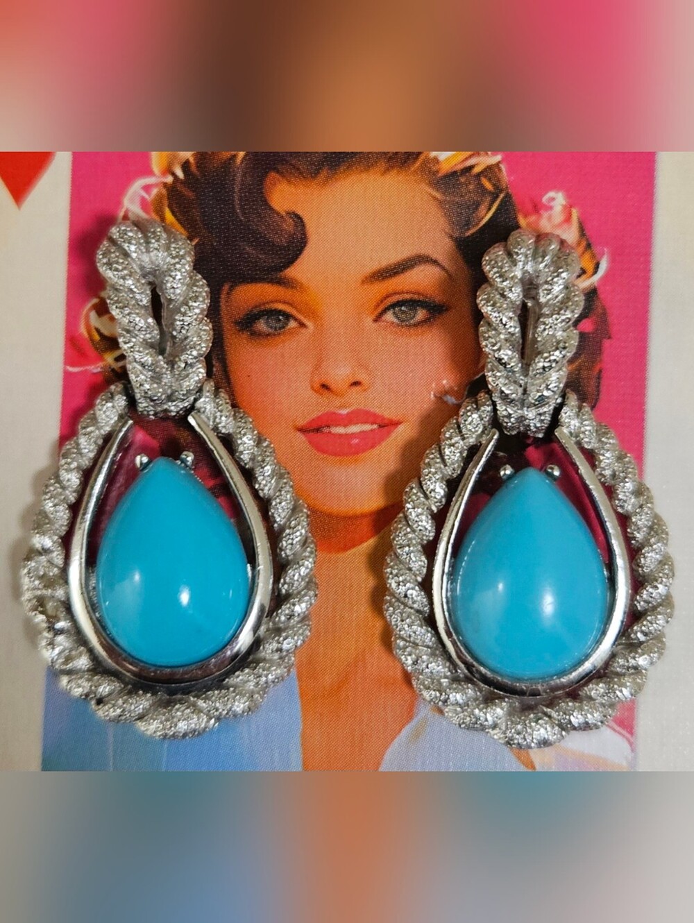 Vintage Avon Vintage 1972 Blue Teardrop Silver Tone Turquoise Clip On Earrings
